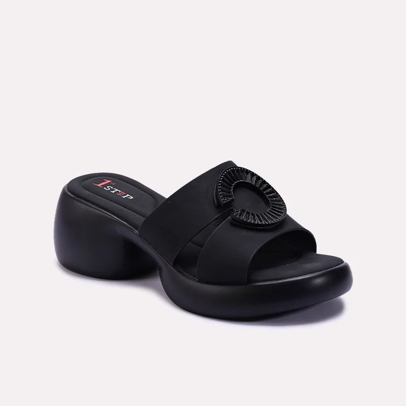Black Chunky Heel Casual Slippers