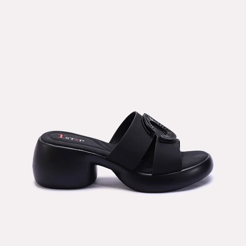 Womens Black Chunky Heel Casual Slippers