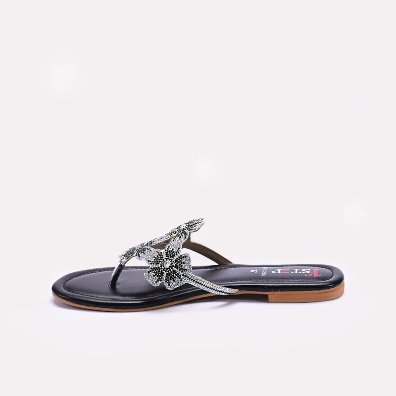 Womens Black Flat Fancy Slippers