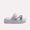 crystal embellished womens white platform slippers