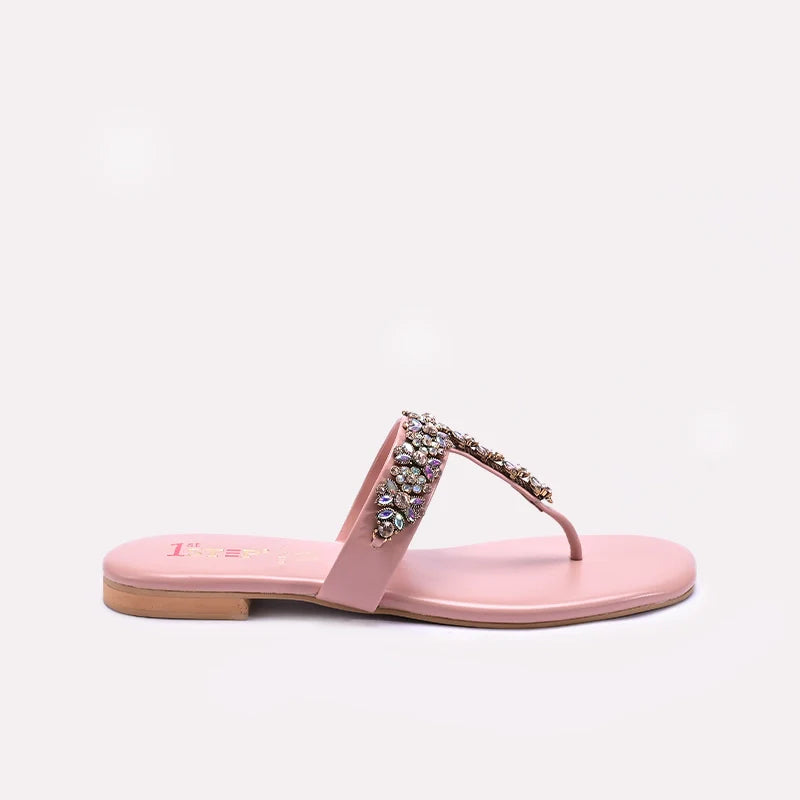 Womens Peach Flat Fancy Slippers