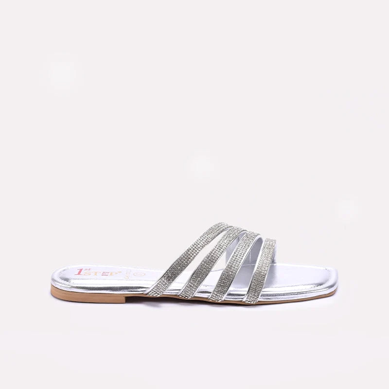 Womens Silver Flat Fancy Slippers